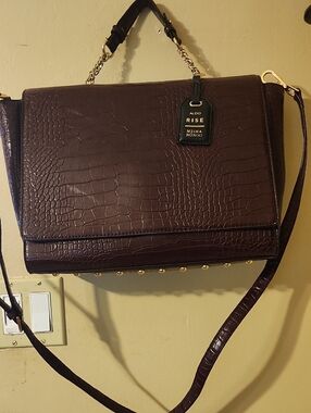 Aldo Dark Brown Croc-Embossed Satchel with Gold Hardware